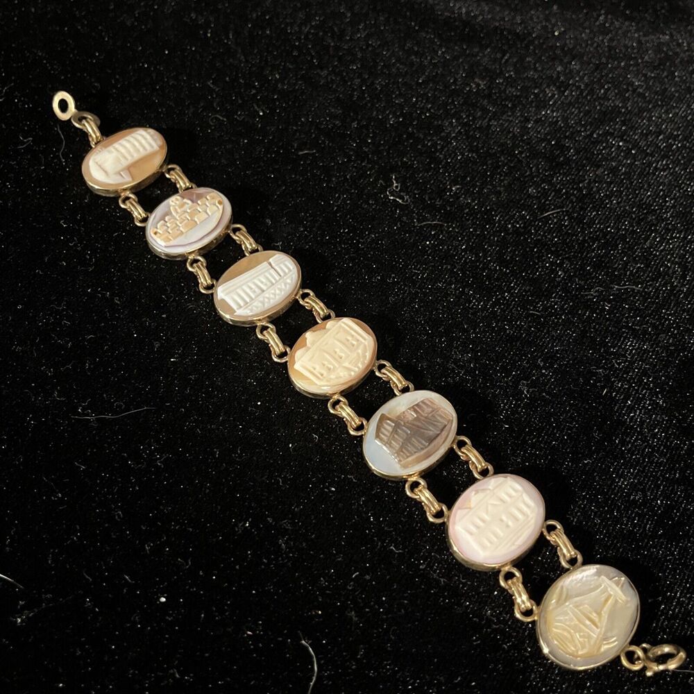 Antique Carved Cameo Bracelet of 7 World's Architectural Wonders 14K Gold Filled